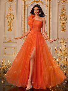 VIPGIRL Đầm dự tiệc sang trọng xẻ đùi cổ bèo nhún bất đối xứng, váy dự tiệc cưới dạ hội thanh lịch, váy dự tiệc tốt nghiệp, váy dự tiệc tối - trái cam - Xem 5