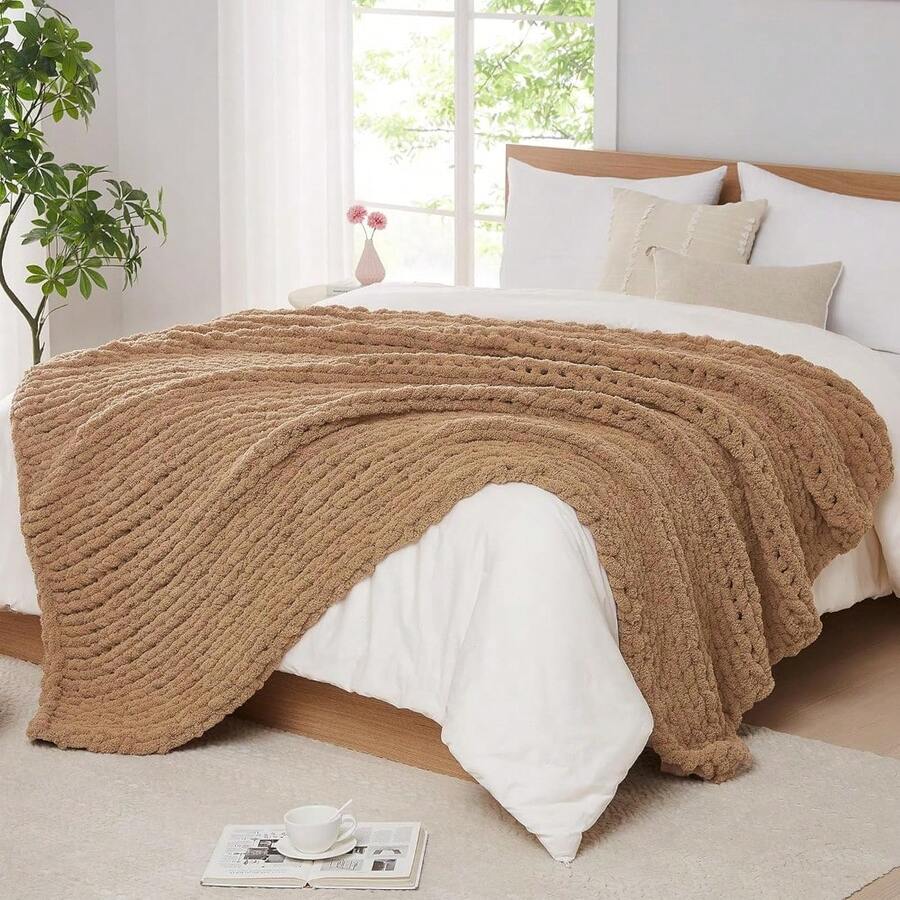 Chunky Knit Blanket - Soft Chenille Yarn Throws 40x50: Handmade Thick Cable Crochet Blanket - Large Chunky Yarn Rope Knot Throw For Couch, Sofa, Bed Home Decor - 譚 - 查看 1