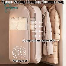 1pc DYWMM Space Saving Hanging Bag With Self-Compression Zipper - 40% Compressed Premium Closet Organizer For Coats And Clothes, Durable Fabric Storage Bag (Beige/Pink),Bedroom Room Decor,Back To School - Multicolor - View 3