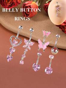 2-6 件 14G 肚脐环 316L 不锈钢方晶锆石、蝴蝶、心形肚脐环可爱日常场合精致肚脐穿孔女士肚脐穿孔套装，粉色 CZ 10 毫米条长