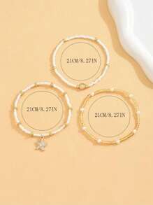 3pcs/Set Fashionable Summer Beach Resort Style Starfish, Shell & Pearl Anklet Foot Jewelry For Girls