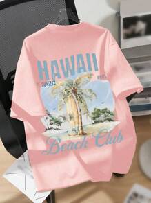 t-shirt décontracté simple pour jeune fille, style hawaïen avec motif d'arbre de noix de coco et lettres bleues, style bord de mer, col rond, manches courtes, nouveau vêtement d'été pour filles, Top à manches courtes pour enfants