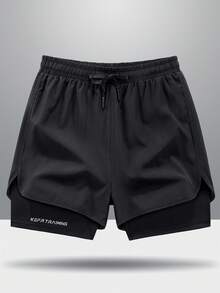 Men's Fashionable Printed Solid Color Quick-Dry Shorts - 2-In-1 Layered Design, Breathable Stretchy, Suitable For Basketball, Gym And Outdoor Sports