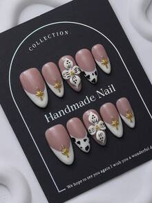 10 件套欧美风格杏仁形指甲，手绘豹纹，3D 浮雕六角星耳钉，Y2K 和 Ins 别致设计，优雅适合女性和女孩按压式指甲美甲用品