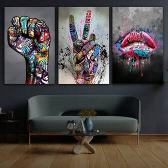3PCS Canvas, Love And Kissing Art Posters, Colored Graffiti Canvas, Home Wall Arts Decoration Modern Paintings Optional Frame ,Wall Art With Frame