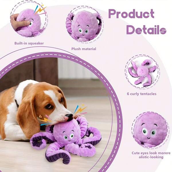 Interactive Plush Octopus Dog Toy With Squeaker - Squeaky Pet Chew Toy For Anxiety Relief And Teeth Cleaning - Suitable For All Dog Breeds - Non-Battery Operated