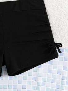 年轻女孩夏季纯黑色细肩带比基尼套装（含平角内裤） - 黑色 - 查看 5