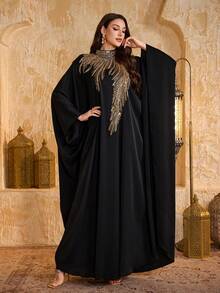 SUPGIR Women's Mandarin Collar Batwing Sleeve Sequin Patchwork Chiffon Elegant Slim-Fitting Evening Dress - Black - View 3