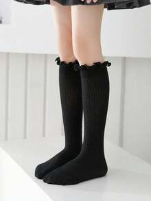 2/1 Pair Kids Calf Socks, Mesh Socks, Girls Calf Socks, Black, Solid Color, Frill Trim, Line, Straight Tube Socks, Cute, Princess Style, School Style, Spring Summer Autumn, All Season, Suitable For Daily Wear, Party Princess Socks, Festivals, Back To School, Delicate Cute, Versatile, Can Be Paired With Loafers, Sneakers, Flats, Back To School Season, Students, New Semester, Start Of School, Classroom - Black - View 10