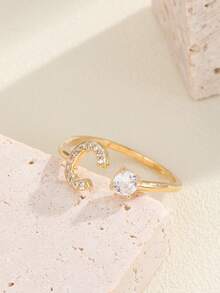 优雅奢华金色字母 A-Z CZ 戒指，人造锆石可调节女士派对/约会礼物 - 金色 - 查看 5