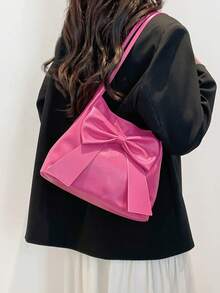 Fashion New Bucket Pink Shoulder Bag, Bow Decor, Shoulder Handbag, Tote Bag, Solid Color, For Women, Suitable For Spring/Summer - Hot Pink - View 5