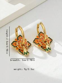 1 Cặp hợp kim đồng mạ vàng và men Macaron Series Dual-Wear Clover, Pentacle, Bông tai hình tròn tráng men thả cho phụ nữ, Thời trang đa năng, Bông tai vòng tự làm, Quà tặng Ngày của Mẹ - Hoa sen cam - Xem 5