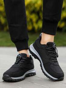 Men's Lightweight Mesh Sneakers, Black Casual Outdoor Shoes For Autumn, Elastic Band Low-Top Flat Black Shoes, Men's Training Shoes, Tennis Shoes, Road Running Shoes