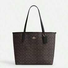 Coach 女士大号真皮手提包，购物单肩包，City 33 手提包，黑色拼接棕色 CV976 IMXAQ - 深棕色拼黑色 - 查看 7