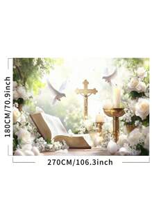 1 Stück florale Erste Heilige Kommunion Taufe Fotografie Hintergrund Gott segne weiße Blumen Friedenstauben goldenes Kreuz Partybanner 150 x 100 / 210 x 150 / 270 x 180 cm Hochzeit Babyparty Geburtstag Fotohintergrund für Innen- und Außenbereich Dekorationsbedarf