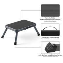 Escabeau, escabeau pliable à un seul marchepied avec patin en caoutchouc antidérapant, tabouret de cuisine en acier léger, capacité de charge 150 kg, dimensions pliées 32 x 44 x 17,5 cm