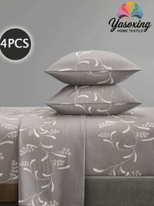4pcs/Set Botanical Grey Flower Pattern Sheet Set Easy Care Microfiber Soft Bedding Set Floral Fitted Sheet Set (1pc Flat Sheet+1pc Fitted Sheet+2pcs Pillowcases)Fitted Sheet Set King Queen Full TWIN SIZE Sheet Deep Pocket Up To 11.8 Inch Pillowcase, Soft Breathable Wrinkle-Free Better For Sleep, Luxury Hotel Style, Gift For Mom Dad Friend Domitory Bedding Back School Bedding