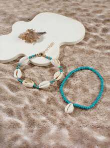 7 pièces/Set Bracelet style bohème avec coquillage et perle avec pendentif étoile de mer, Set de bracelets pour femmes (couleur de perle aléatoire)