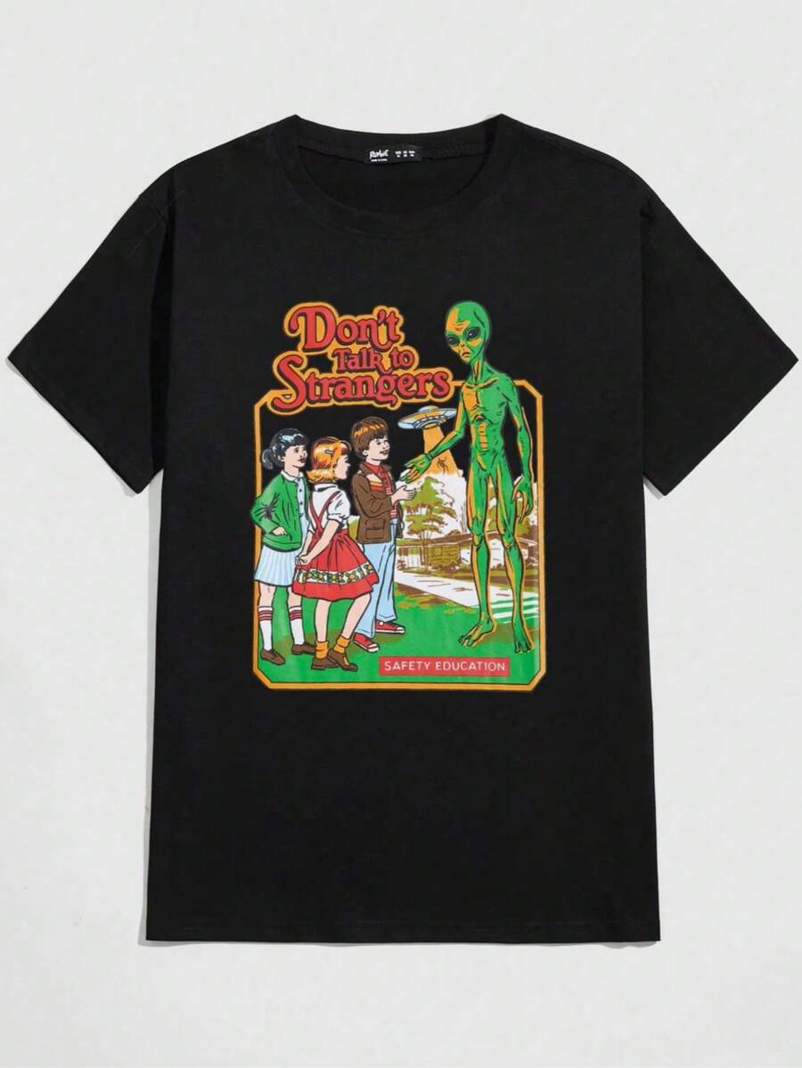 fashion new men's breathable short sleeve T-shirt summer high-quality round neck  printed sports top" + white Alien, children, retro, safety, education. Suitable for sports and daily casual wear.' - Negro - Ver 1