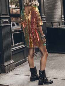 Đầm dạ hội/tiệc tùng nữ mùa hè mới, kiểu dáng châu Âu và Mỹ, cổ tròn, thanh lịch, dáng rộng, thoải mái, đính sequin. - Đen và vàng - Xem 4