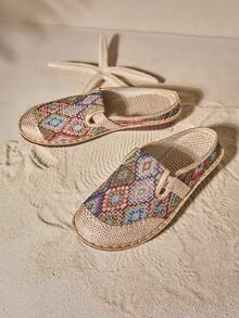 Tropiscape 女士几何图案闭趾穆勒鞋，波西米亚风圆头防滑鞋底休闲拖鞋，秋季圣诞节冬季圣诞礼物 - 米色 - 查看 2