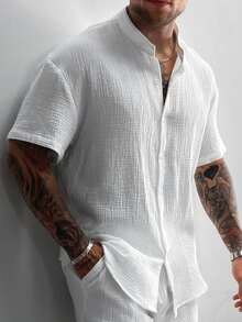 Old Money Style Men's Shirt White 100% Cotton Shirt Minimalist Stand Collar Short Sleeve Button Up Shirt Breathable Office Summer Wear Father's Day Gift - White - View 7