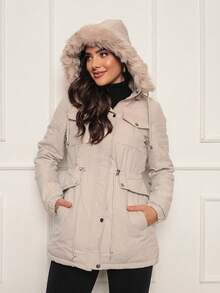 Women's Twill Parka Coat Plush Lined Overcoat Winter Fashion - 米色 - 查看 5