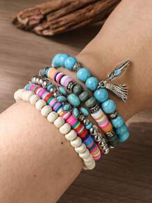 5pcs Bohemian Handmade Beaded Bracelet Imitation Turquoise Bear Paw Feather Design Elastic Stacking For Men And Women Party Music Festival Gifts Denim Western