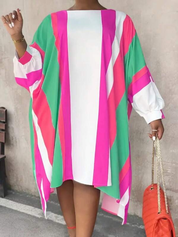 Plus Size Vertical Striped Print Long Sleeve Loose Fit Dress