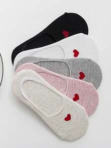 5双百搭女士心形图案船袜，低帮隐形防滑袜，可爱日式硅胶防滑短袜