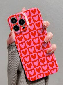 1pc Minimalist Grid & Heart Pattern Glossy Perforated Filmic Phone Case, Compatible With IPhone 11/12/13/14/15/16 Pro Max Waterproof Shockproof Anti-Fall Scratch Resistant - Multicolor - View 1