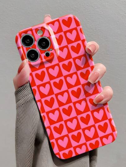 1pc Minimalist Grid & Heart Pattern Glossy Perforated Filmic Phone Case, Compatible With IPhone 11/12/13/14/15/16 Pro Max Waterproof Shockproof Anti-Fall Scratch Resistant