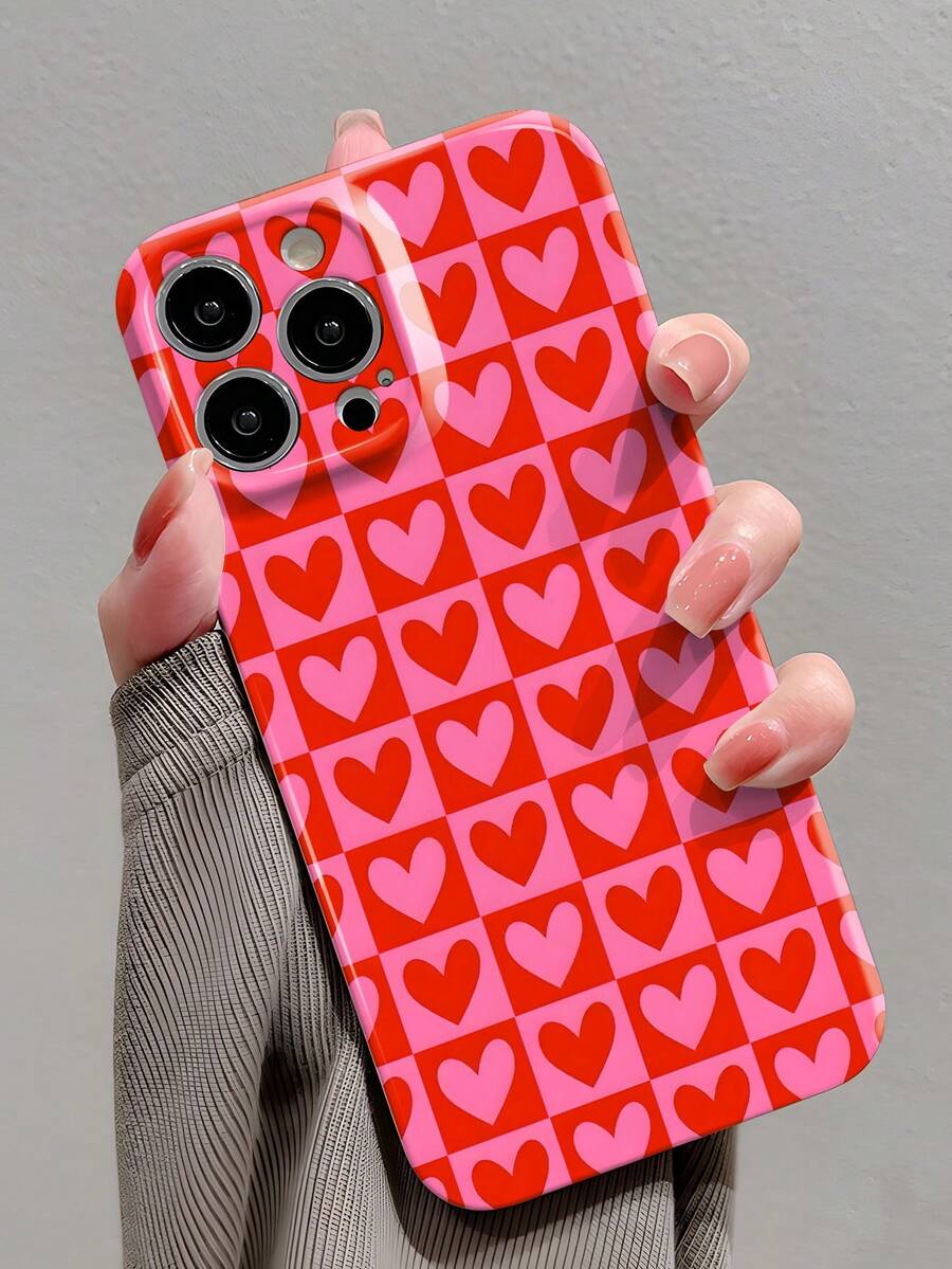 1pc Minimalist Grid & Heart Pattern Glossy Perforated Filmic Phone Case, Compatible With IPhone 11/12/13/14/15/16 Pro Max Waterproof Shockproof Anti-Fall Scratch Resistant - Multicolor - View 1