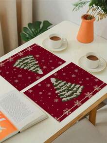 2/4/6 Pieces Of Christmas Tree Snow Pattern Placemat, Linen Kitchen Placemat, 12*18 Inch Home Kitchen Items, Banquet Decoration, Fashion Placemat