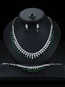 1 Set Of 5pcs Luxurious Cubic Zirconia Necklace Earrings Bracelet Ring Jewelry Set, High-Quality Teardrop Decor Bridal Wedding Evening Party Accessories Gift For Women