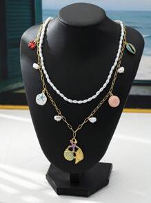1pc Double Layer Pearl Beaded Bamboo Joint Layered Necklace With Starfish, Shell, Crab Pendants, Ocean Holiday Style For Women, Suitable For Beach Party