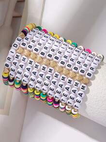 12 pièces/set Bracelet élastique en argile souple à couches de lettres de mariée et de demoiselle d'honneur, en forme de cœur. Ensemble de bracelets mode pour femmes, idéal pour mariage, fiançailles, soirée de bal et de fête. Cadeau.