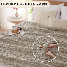 Chunky Knit Blanket - Soft Chenille Yarn Throws 40x50: Handmade Thick Cable Crochet Blanket - Large Chunky Yarn Rope Knot Throw For Couch, Sofa, Bed Home Decor - 淺亞麻色 - 查看 3