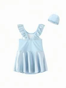 Balabala Disney Elsa Girls' One-Piece Swimsuit With Swimming Cap, Princess Style Swimwear, Ruffled Collar, UV Protection, Shimmery Fairy-Like Swimsuit