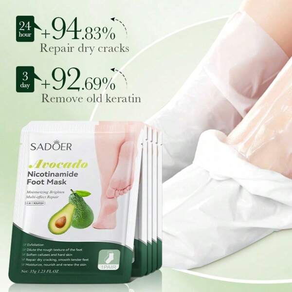 10 PIEZAS=5 PARES Máscara exfoliante para pies con aguacate y niacinamida que hidrata, exfolia y mejora la piel seca. Elimina la piel muerta y reseca. Máscara de peeling de aguacate