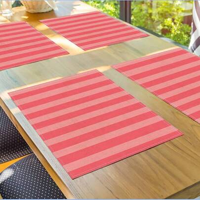 4 Pieces Pink Red Stripes Rectangular Linen Fabric Decor Dining Room Kitchen Party Placemats