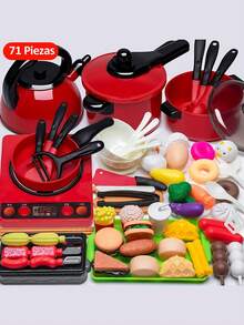 71 Piezas Juguetes De Cocina Portátil Para Niños Utensilios Cocina Comida Color Rojo, Cocina De Juguete Fantastic Toys Rojo Con Luz Sonido y Horno, Bbq Hamburguesas Sartenes Utensilios Comida De Juguete - Rojo - Ver 2