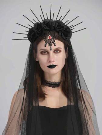 1 件哥特式黑玫瑰花头带，皇冠面纱头饰，适合万圣节、圣诞派对、新娘、角色扮演，优雅黑玫瑰花发带头饰发环服装皇冠、头饰皇冠、婚礼