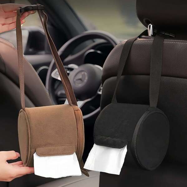 Porta-lenços elegante para carro - Dispensador de papel toalha de luxo para pendurar no encosto do banco, microfibra, preto e bege, acessório estiloso para interior de carro, acessório de armazenamento para carro | Porta-lenços elegante | Caixa de lenços durável