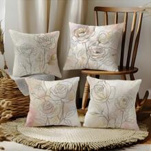 4pcs/Set Bohemian Line Rose Print Throw Pillow Covers, 17.7*17.7in (45*45cm), Single-Sided Printing, Polyester Cushion Covers For Sofa, Bed, Living Room, Bedroom, Car, Office, Hotel Decoration, Great Gift For Family And Friends, All-Season