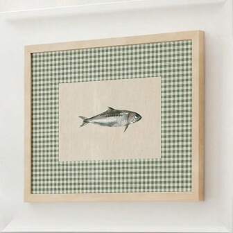1pc Unframed Vintage Green Checkered Fish Wall Art Poster Canvas Print Minimalist Grandmillenial Style Fisherman Aesthetic Kitchen Decor Painting For Apartment,Living Room,Bedroom,Modern Home Decoration