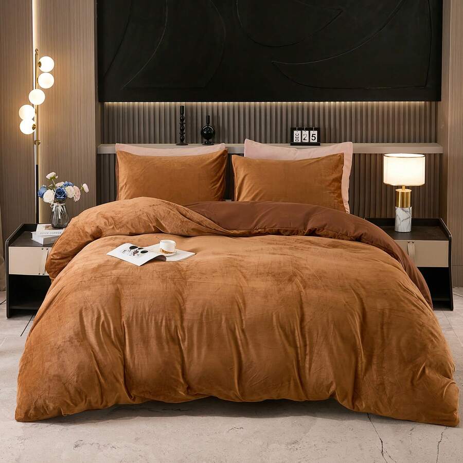 Burnt Orange Velvet Duvet Cover Set King Size Solid Rust Velvet Bedding Set Soft Plush Shaggy Warm Flannel Quilt Cover Caramel Terracotta Duvet Cover - Burnt Orange - View 1