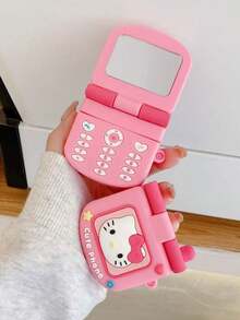 Sanrio 1PC Cute Creative Phone Kitty Cat Silicone APPLE Bluetooth Earphone Case With Makeup Mirror Compatible With AIRPODS 1/2/3/4/Pro/Pro2(Nd)/Pro3(Rd)