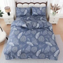 3 PiecesBlue Tropical Plant Branch And Leaf Printed Duvet Cover Set (2*Pillowcase, 1*Duvet Cover, No Core) 100% Polyester, Soft, Comfortable, Breathable, Zipper Closure, Suitable For All Seasons Suitable For Bedrooms, Guest Rooms And Dormitories.