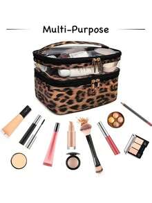 1 件时尚百搭豹纹化妆包，双层旅行化妆包，洗漱包非常适合日常和节日使用，送给女性的礼物创意独特的礼物。